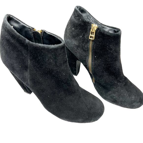 Steve Madden Black Heeled Ankle Boots Booties Leather Suede Gold Zip Sz 8.5M - Picture 1 of 11